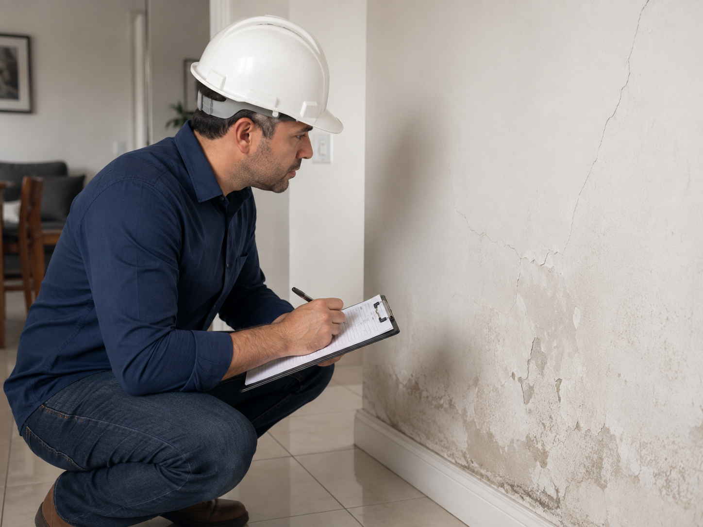 Engenheiro agachado dentro de uma casa realizando levantamento das condições aparentes