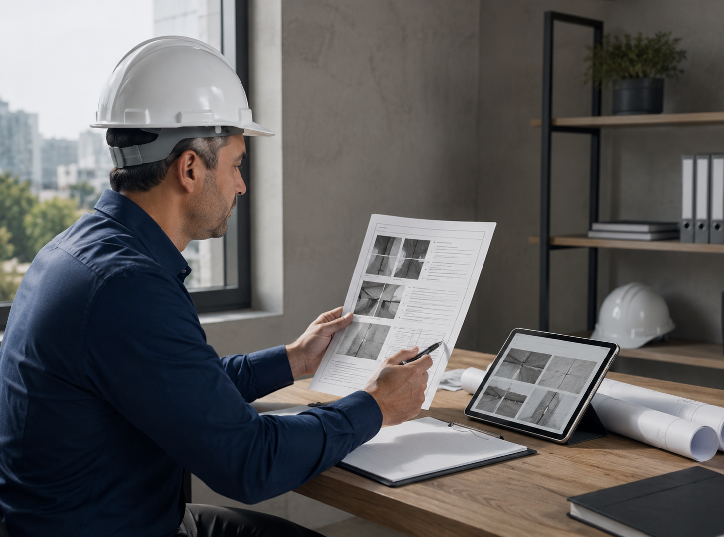 Engenheiro revisando laudo técnico fundamentado com registros fotográficos